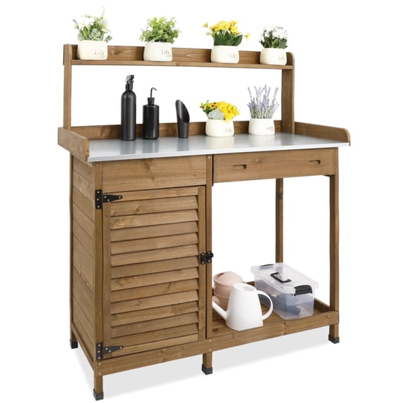 PETSCOSSET Brown Wood Garden Potting Bench, Galvanized Metal Tabletop