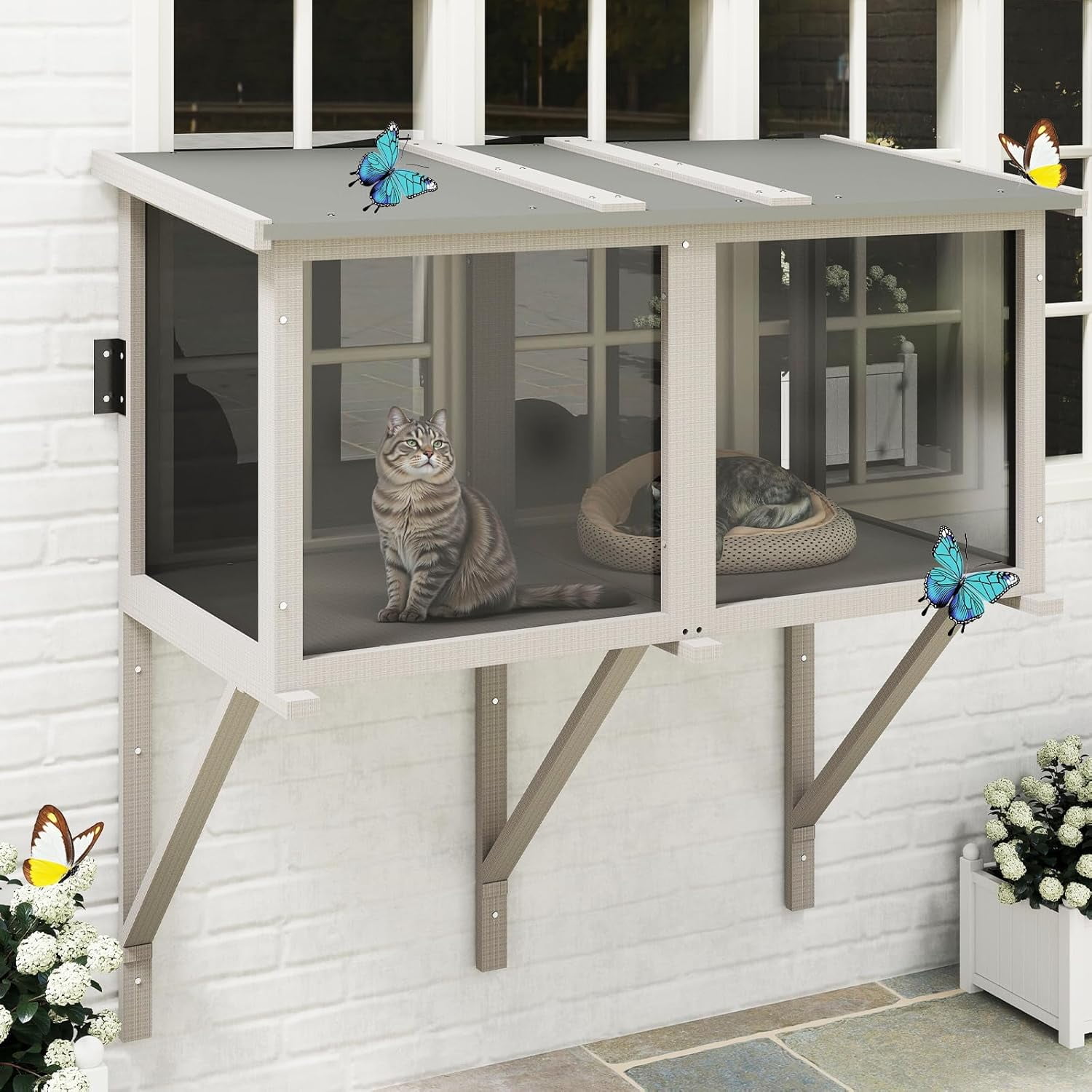 PETSCOSSET Outdoor Window Catio Enclosure with Mesh, Wooden Small Pet Perch House Hammock, All-Weather Design
