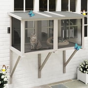 PETSCOSSET Outdoor Window Catio Enclosure with Mesh, Wooden Small Pet Perch House Hammock, All-Weather Design