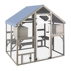 Large Outdoor Catio Cat Enclosure, Walk-in Wooden Cat House with Waterproof Cover, Multi-Level Play Platforms & Sleeping Houses, Grey
