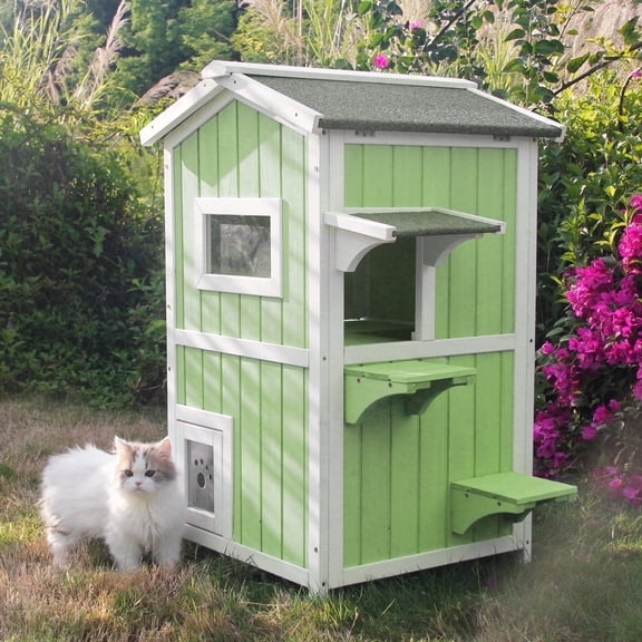 PETSCOSSET Cat House Outdoor Two-Story Wooden Feral Cat Shelter with Asphalt Roof, Green