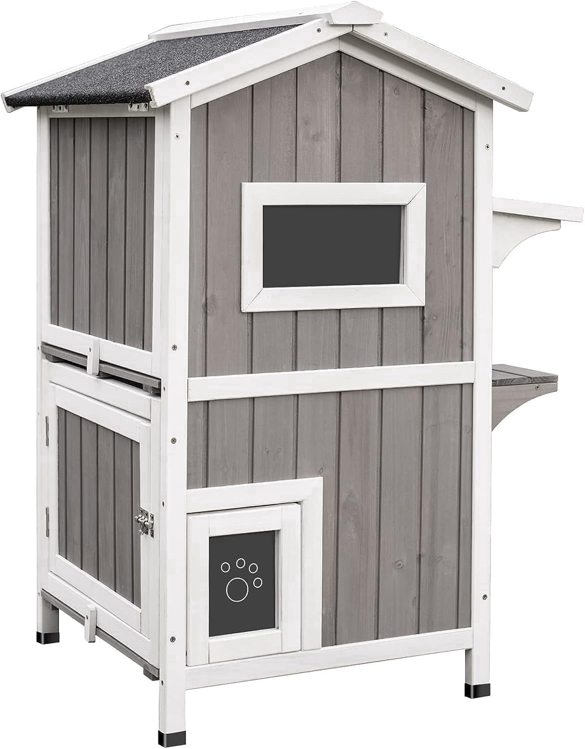 PETSCOSSET Outdoor Cat House, Two-Story Wooden Feral Cat Shelter with Openable Roof, Escape Door