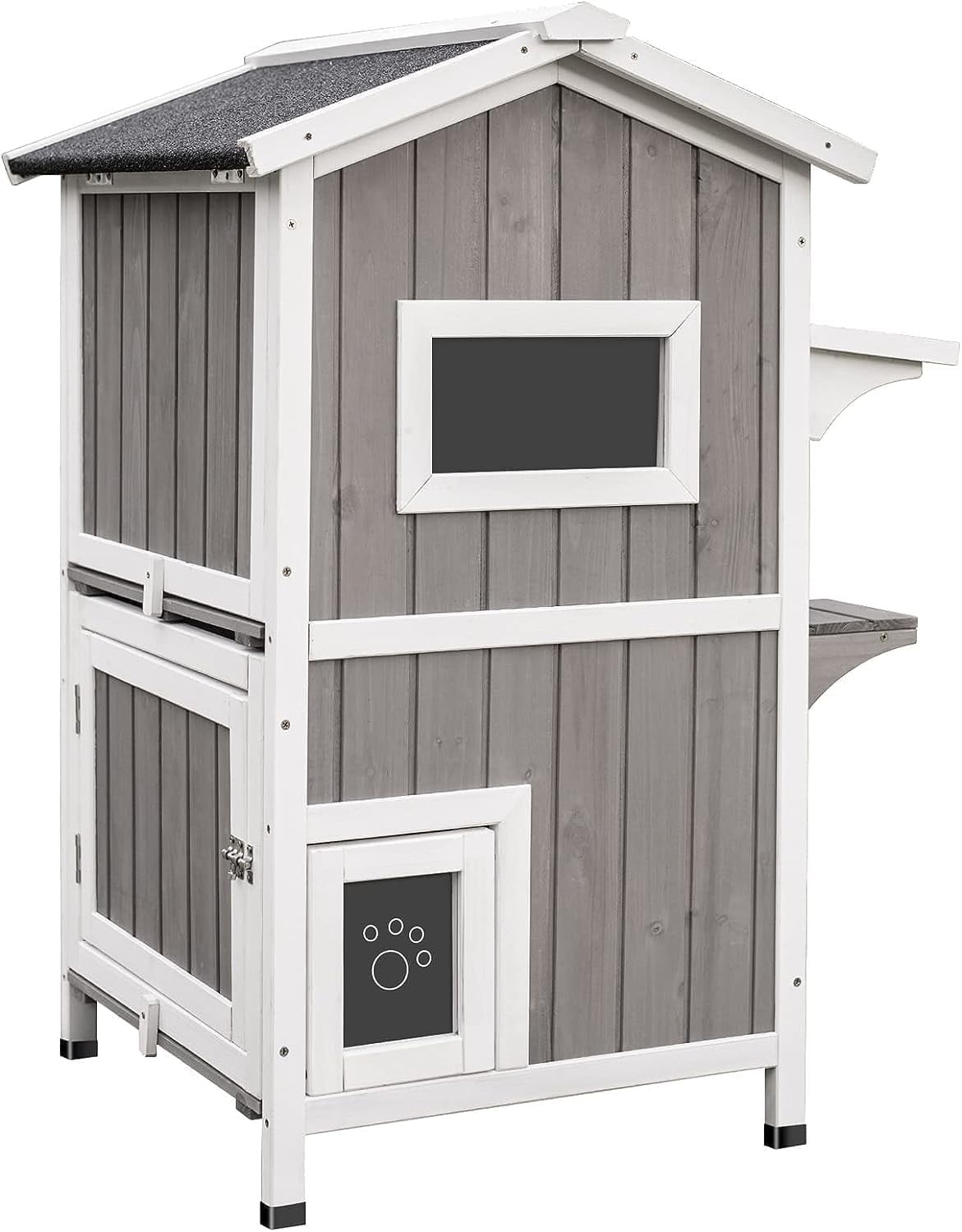 PETSCOSSET Outdoor Cat House, Two-Story Wooden Feral Cat Shelter with Openable Roof, Escape Door