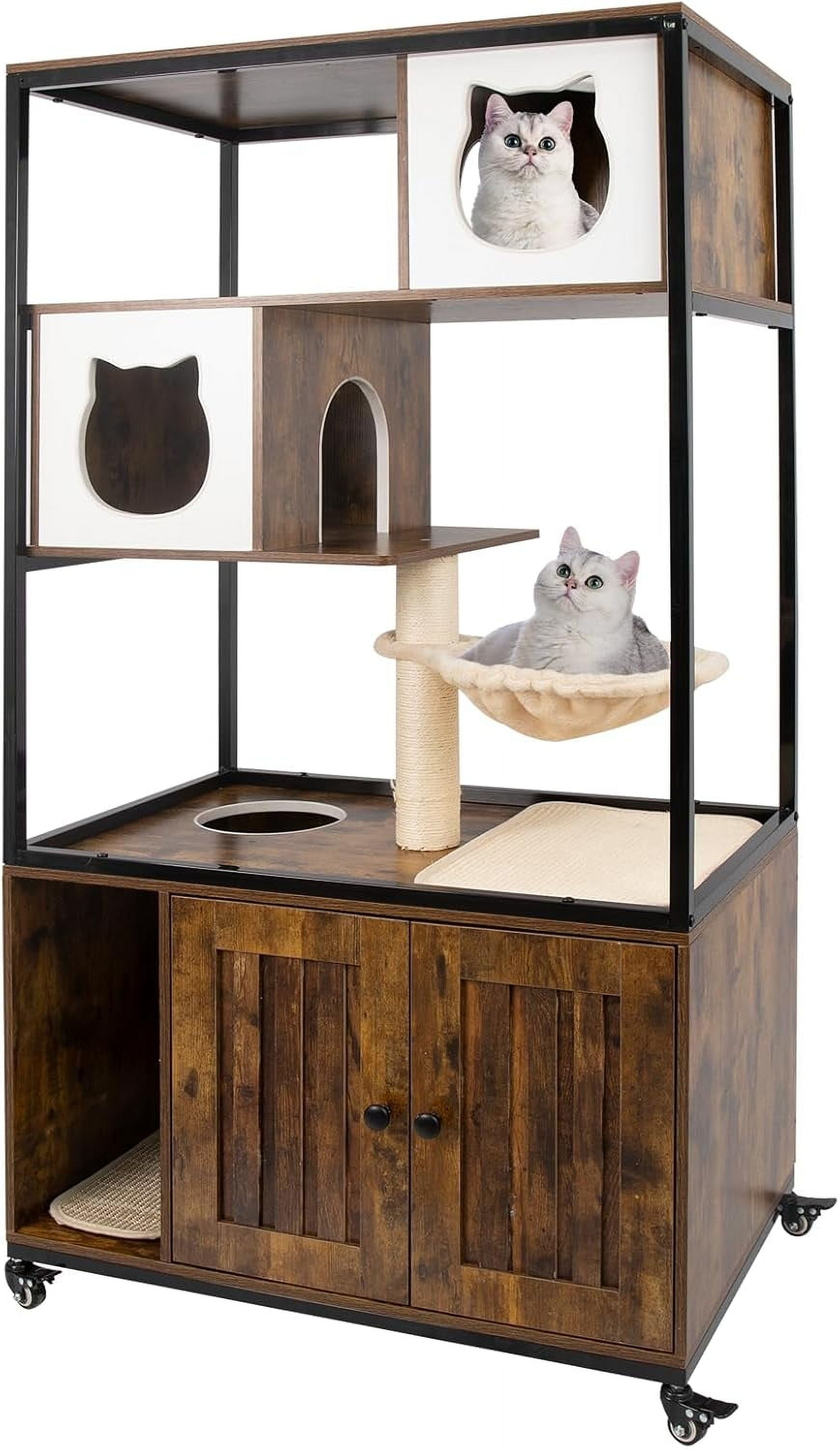 PETSCOSSET Cat Tree with Litter Box Enclosure on Wheels, Condo Hammock Scratching Mat, Multiple Platforms