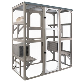 PETSCOSSET Large Outdoor Catio Cat Enclosure, 68" Walk-in Wooden Cat House with 2 Condos, 5 Platforms & Weatherproof Roof Cover, Window Connection, Grey