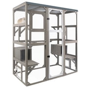 PETSCOSSET Large Outdoor Catio Cat Enclosure, 68" Walk-in Wooden Cat House with 2 Condos, 5 Platforms & Weatherproof Roof Cover, Window Connection, Grey