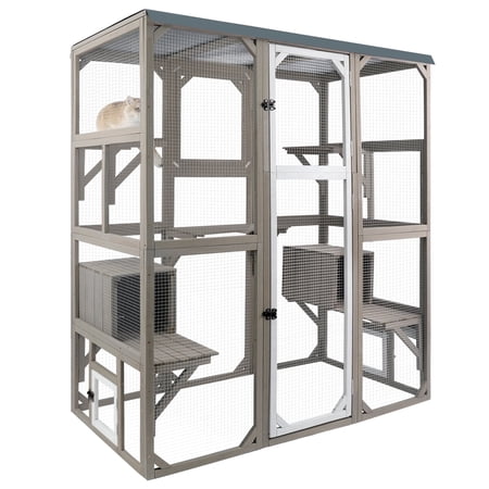 PETSCOSSET Large Outdoor Catio Cat Enclosure, 68" Walk-in Wooden Cat House with 2 Condos, 5 Platforms & Weatherproof Roof Cover, Window Connection, Grey