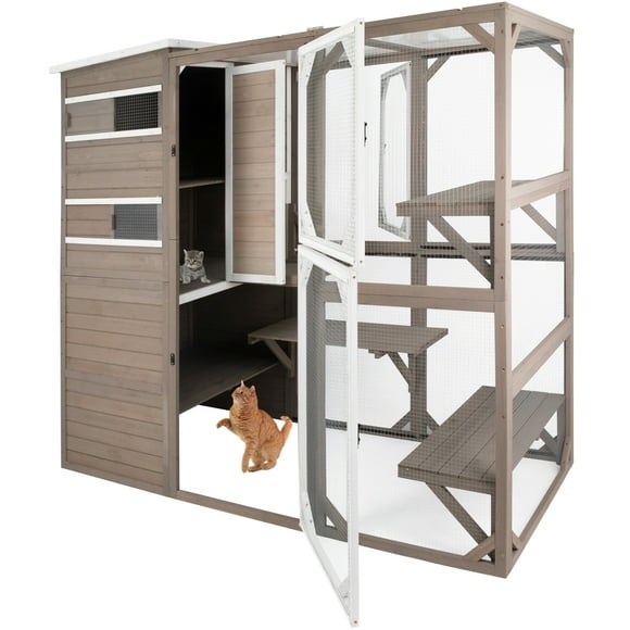 PETSCOSSET Catio Outdoor Cat Enclosures Wooden Cat House Weatherproof with Multi Platforms, Gray