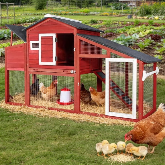 PETSCOSSET Chicken Coop Large Wooden Chicken Tractor with Wheels, Outdoor Hen House Poultry Cage, Red