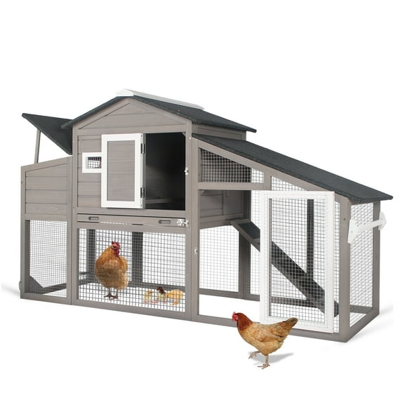 PETSCOSSET Chicken Coop with Run Large Wooden Chicken Tractor with Wheels Waterproof Outdoor Hen House Poultry Cage, Gray