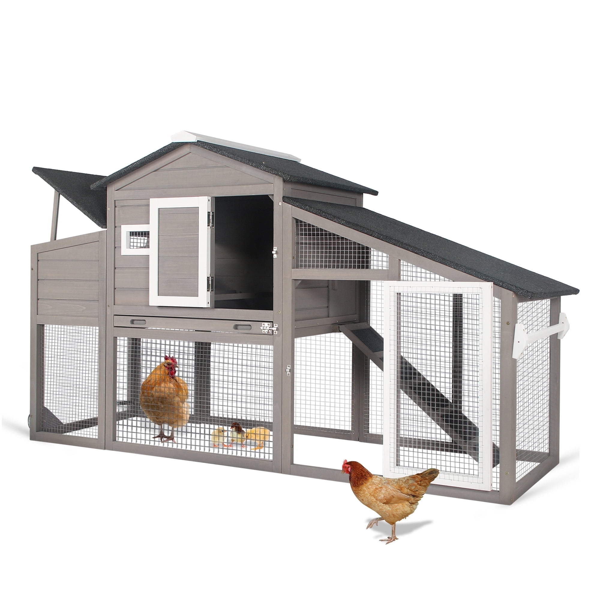 Walmart savings: PETSCOSSET Chicken Coop with Run Wooden Backyard Hen House Indoor & Outdoor 2 Story Poultry Cage with Nesting Box, Trays and Ramp for 2-3 Chickens, Grey