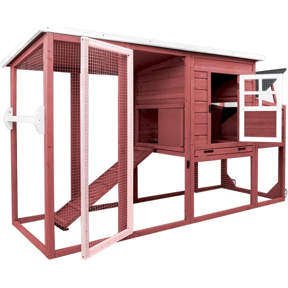 PETSCOSSET Chicken Coop with Wheels, 75" Mobile Chicken Tractor with Run, Waterproof Wooden Hen House with Nesting Box & Pull-Out Tray, Poultry Cage with Handle & Asphalt Roof, Red