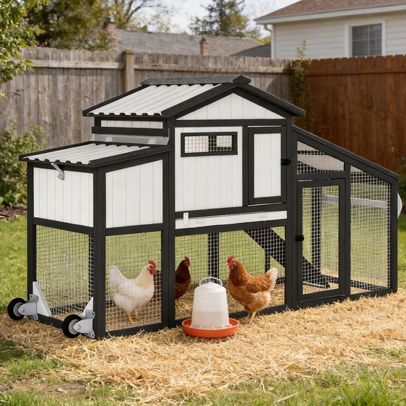 PETSCOSSET Chicken Coop and Run with Wheels, Portable Two Story Hen House Indoor Outdoor with Nesting Box