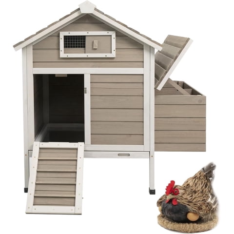 PETSCOSSET Wooden Chicken Coop - Raised Hen House with Nesting Box and Tray - 32 in, Gray