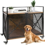 PETSCOSSET Dog Crate Furniture with Cushion, Double Door Wooden Dog Kennel Indoor with Wheels, 41"L x 23.6"W x 35.8"H
