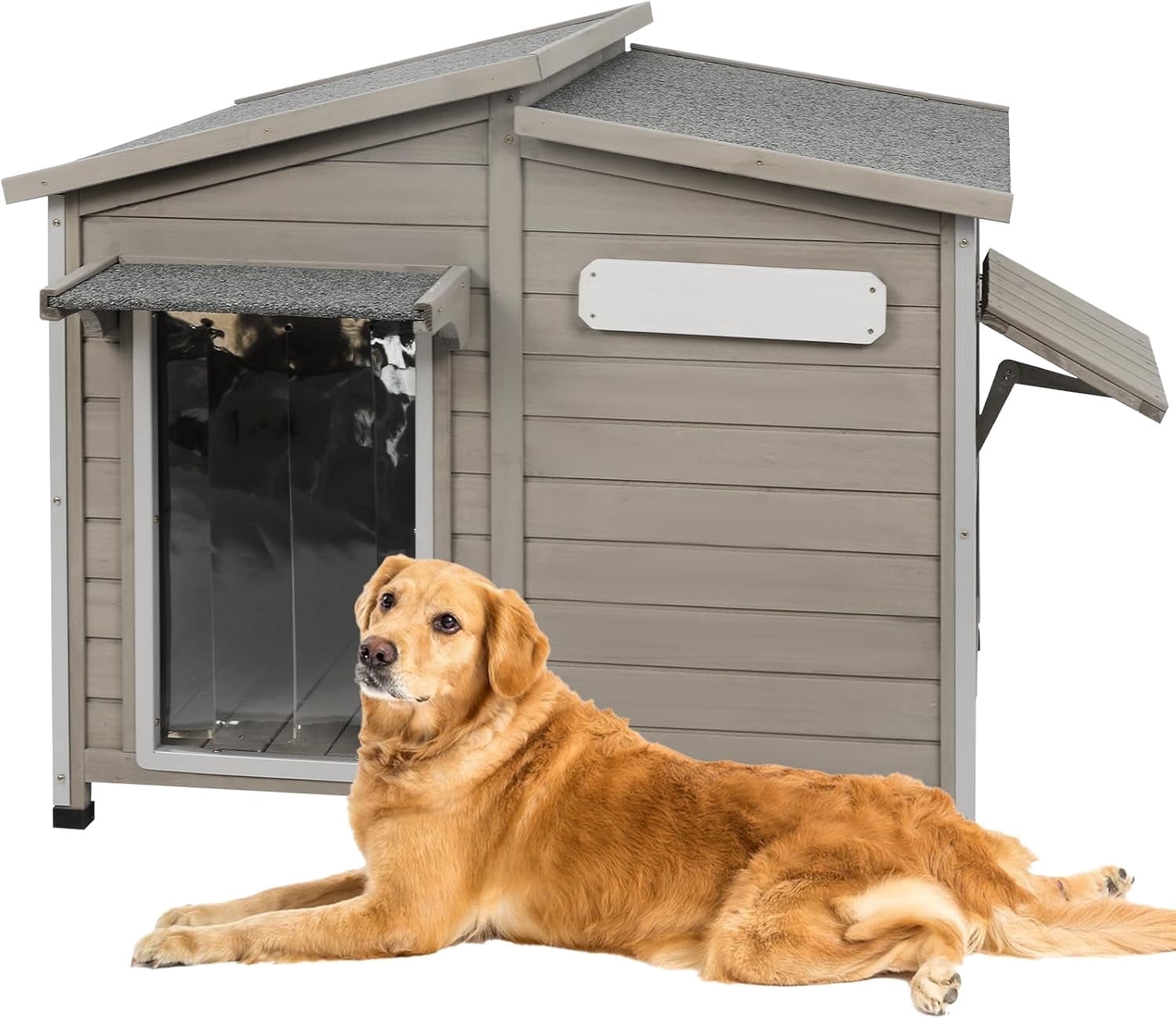 PETSCOSSET 40"L Outdoor Dog House with Asphalt Roof, Window, Raised Feet and PVC Curtain for Medium Dogs, Gray