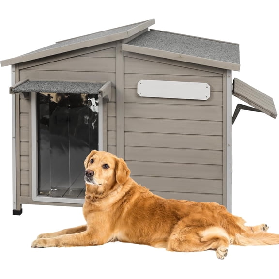 PETSCOSSET Wooden Dog House with Window & PVC Curtain, Split-Level Asphalt Roof, Gray