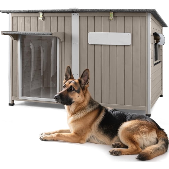 PETSCOSSET Large Dog House, Outdoor Wooden Dog Kennel with Removable Floor, Openable Roof for Medium to Large Dogs, Gray