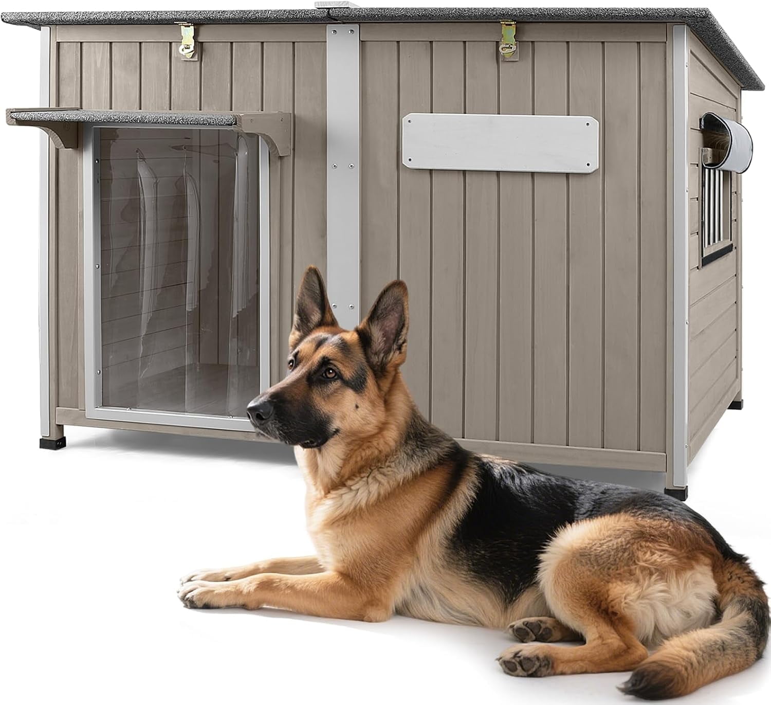 The Coupon deal of  PETSCOSSET Large Dog House, Outdoor Wooden Dog Kennel with Weatherproof Asphalt Roof for Medium to Large Dogs, Gray