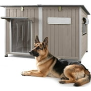 PETSCOSSET Large Dog House, Outdoor Wooden Dog Kennel with Weatherproof Asphalt Roof for Medium to Large Dogs, Gray
