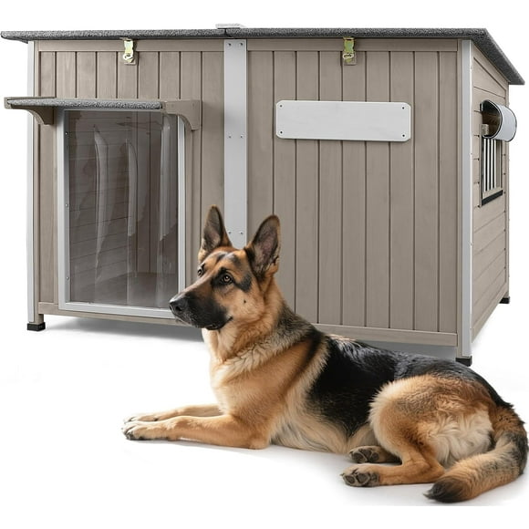 PETSCOSSET Large Dog House, Outdoor Wooden Dog Kennel with Weatherproof Asphalt Roof for Medium to Large Dogs, Gray
