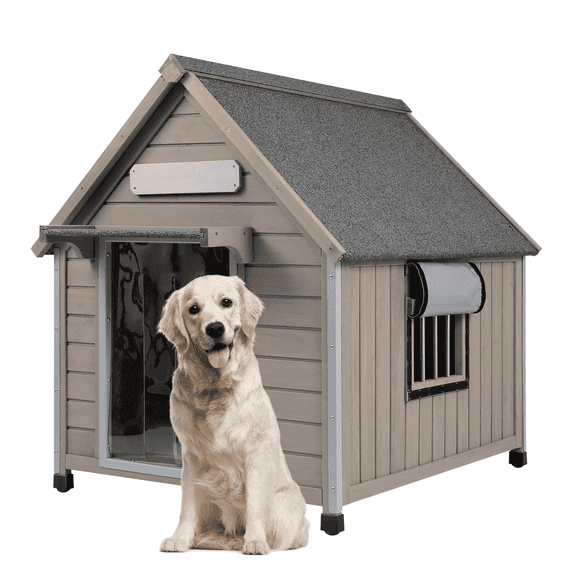 PETSCOSSET Wooden Dog House with Gable Roof, All-Weather Pet House with PVC Door Curtain, 30.5" L x 41" W x 39" H, Gray