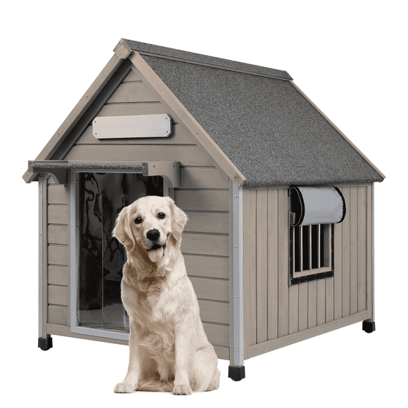 PETSCOSSET Large Dog House, Outdoor Wooden Dog Kennel with Window for Medium Dog, Gray