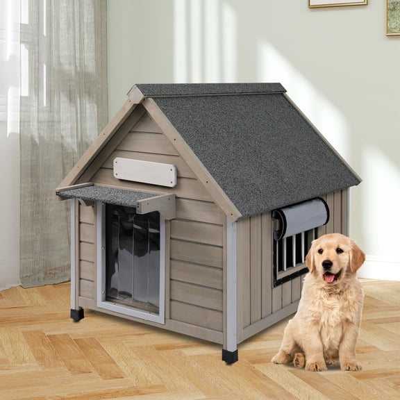 PETSCOSSET Dog House, Outdoor Wooden Dog Kennel with Window for Medium Dog, 26" D x 31.9" W x 32" H, Gray