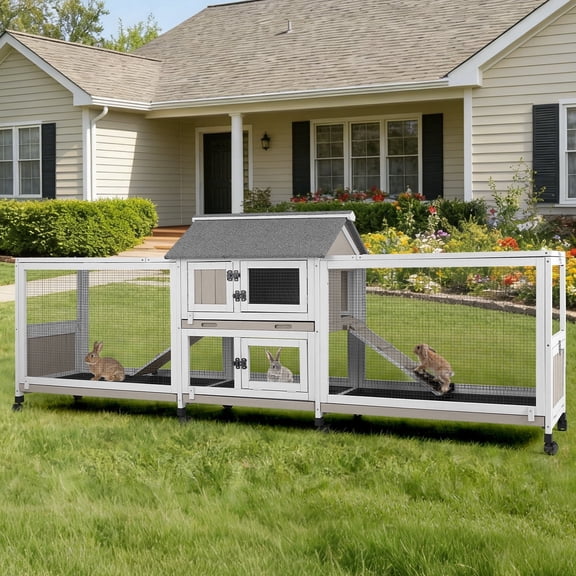 PETSCOSSET Double Rabbit Hutch Outdoor Indoor Large Bunny Cage with Dual Side Runs, 2-Story Wooden Hutch with 4 Leak Proof Trays, 8 Wheels, Waterproof Roof, Ramp, for Small to Medium Animals
