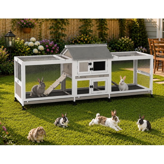 PETSCOSSET ExtraLarge 2Story Indoor & Outdoor Rabbit Hutch with Dual Run Areas, 4 PullOut Trays, 2 ChewProof Ramps, Asphalt Roof, 8 Lockable Wheels for 26 Rabbits & Guinea Pigs