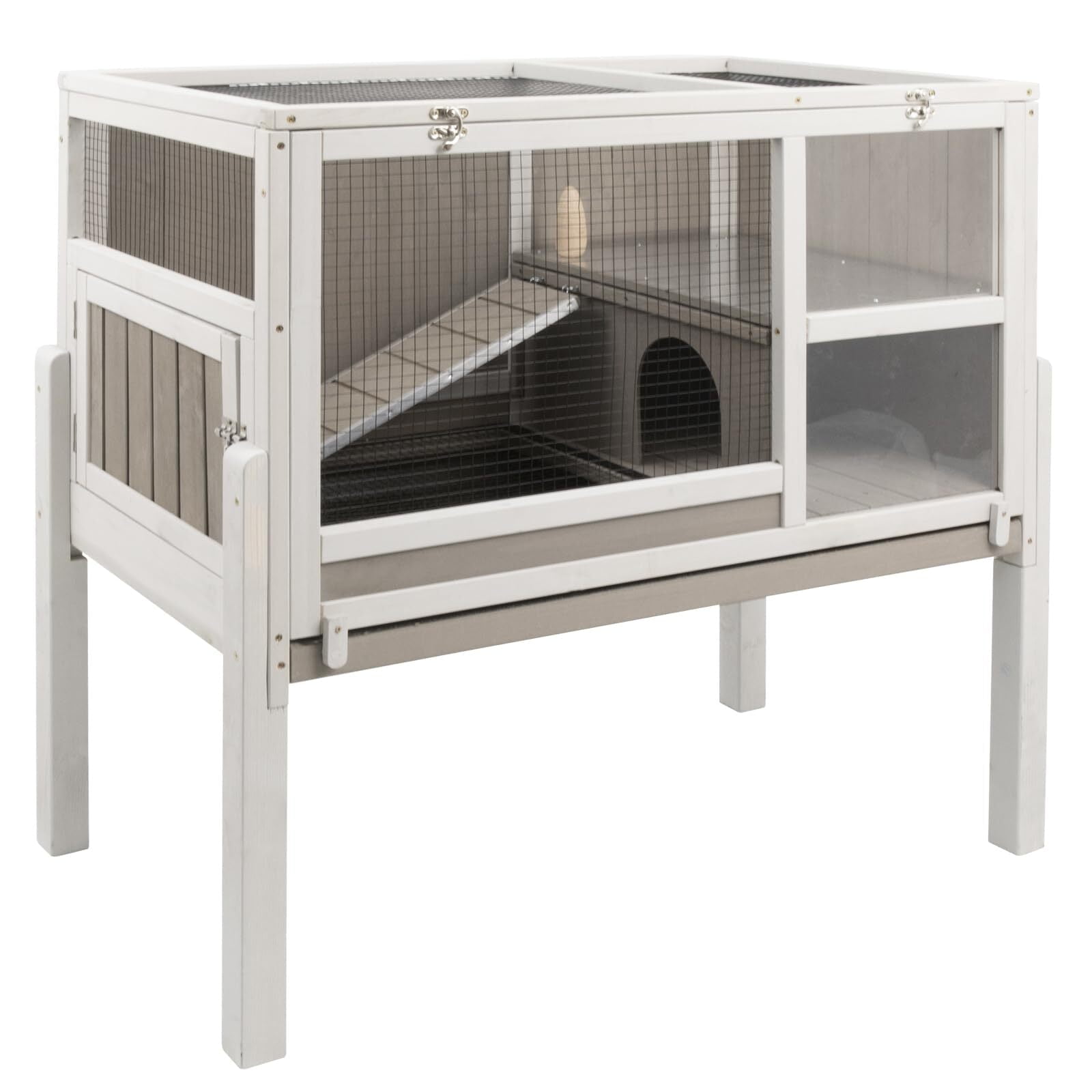PETSCOSSET Guinea Pig Cage with Stand Wooden Rabbit Cage Indoor Guinea Pig House with Tray Grey