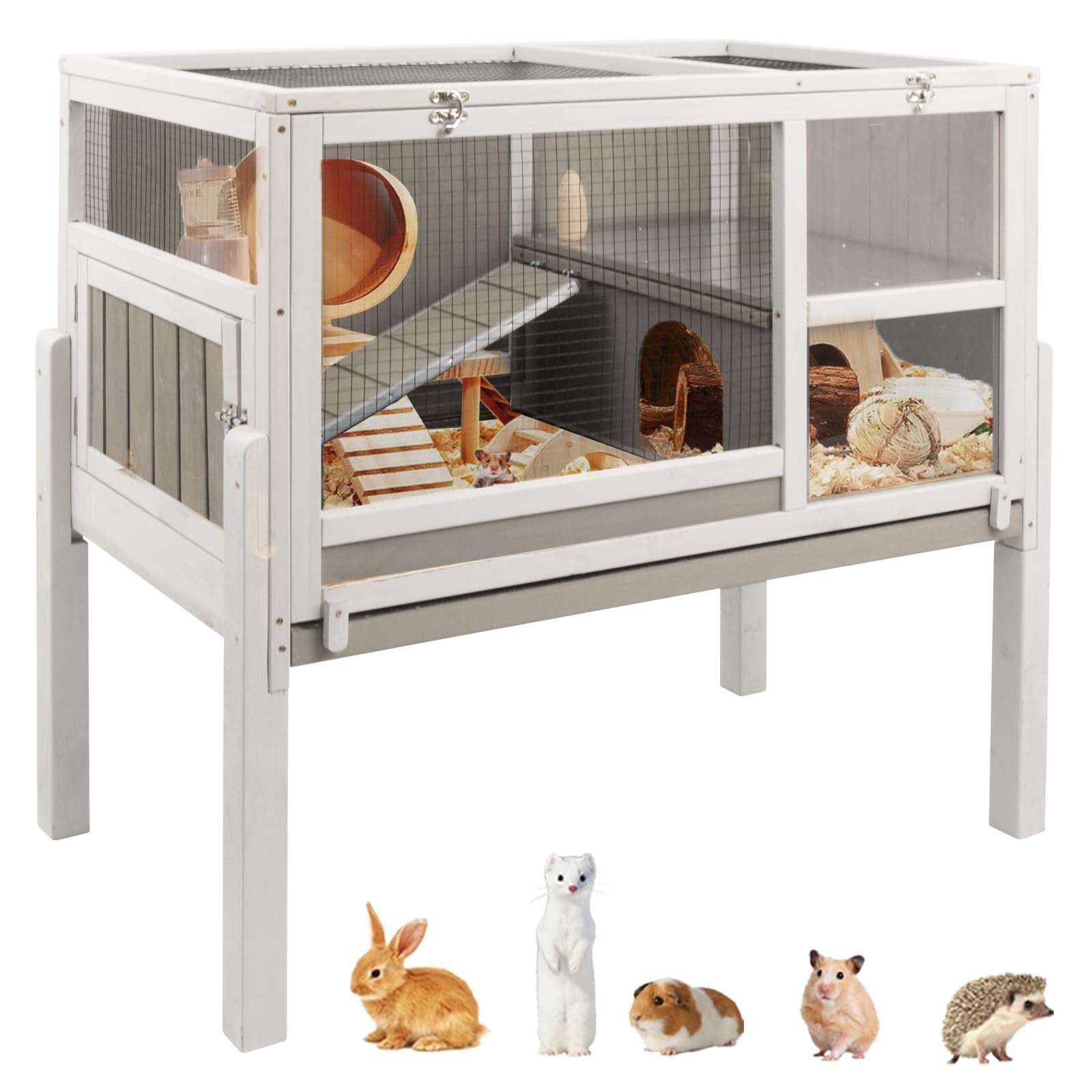 The Coupon deal of  PETSCOSSET Large Indoor Bunny Habitat, Wooden Guinea Pig Cage with Stand, Tray, Ramp, and Sunbathing Platform, Grey