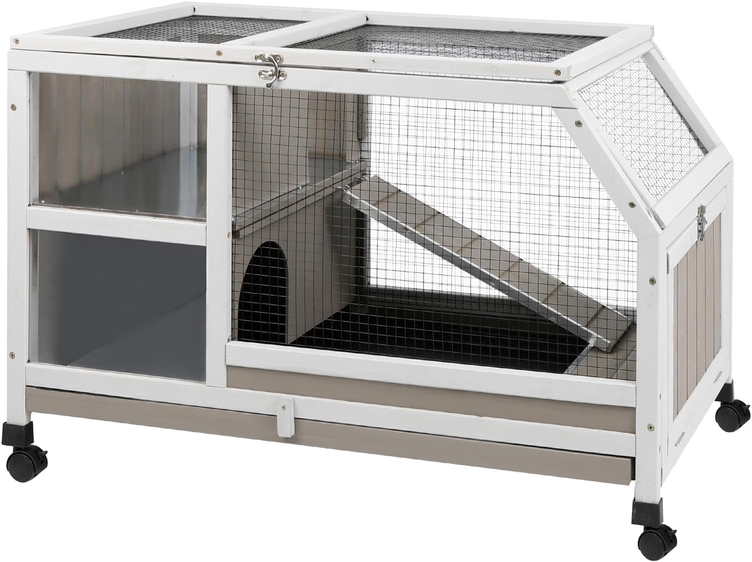 PETSCOSSET Guinea Pig Cage Indoor, Large Small Animal Cage on Wheels with Ramp & Hideout, Easy Clean Hamster Cage with Deep Pull-Out Tray for Rabbit, Hedgehog, 