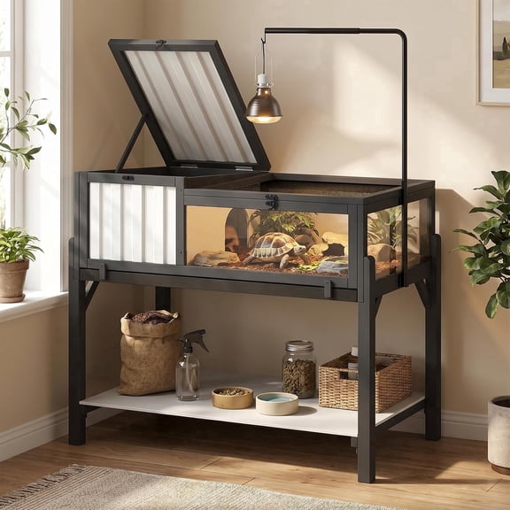 PETSCOSSET Indoor Tortoise Habitat with Adjustable Light Stand, Storage Shelf & PVC Shelter, Elevated Tortoise Enclosure Table for Sulcata, Hermann's and Russian Tortoises