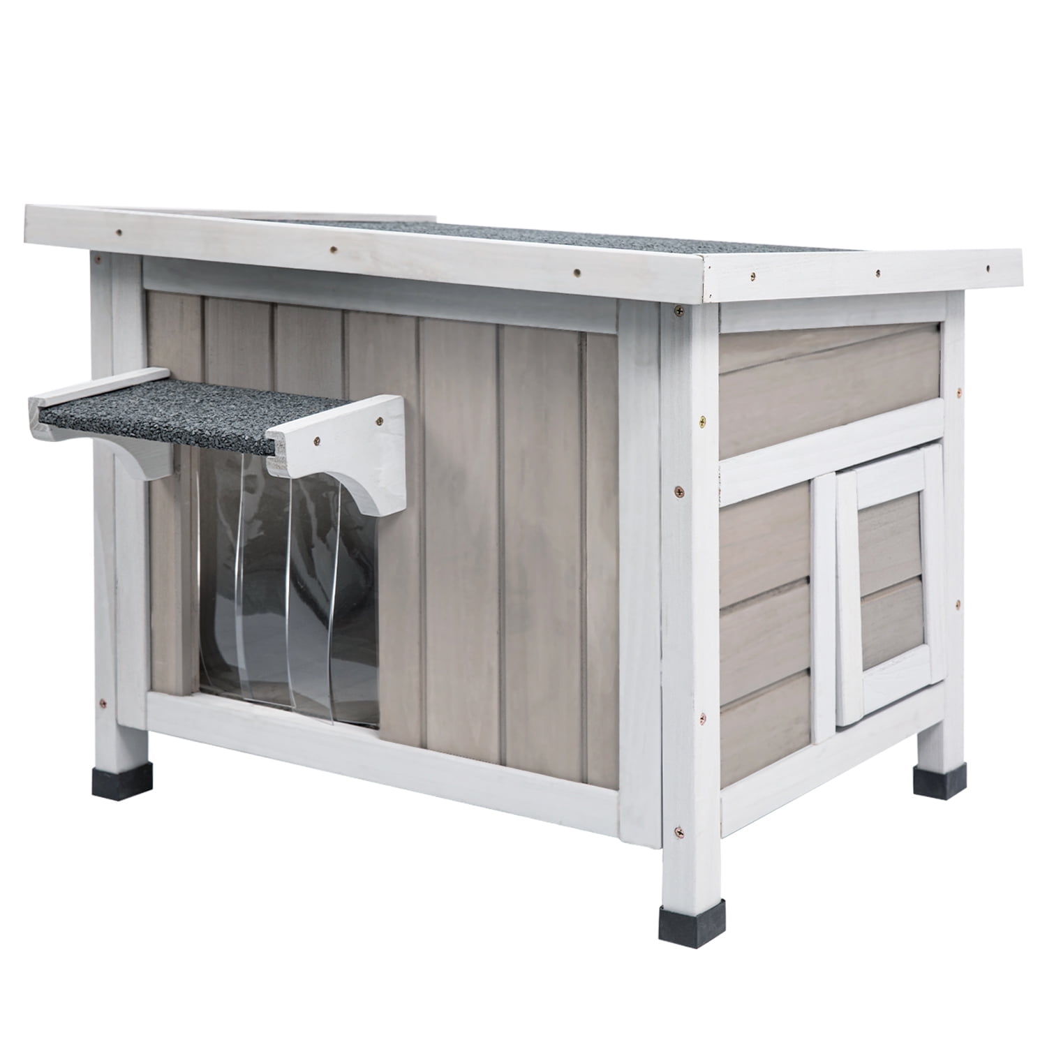Insulated Gray and White Wooden Outdoor Cat House with Escape Door
