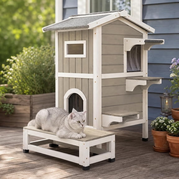 PETSCOSSET Insulated Cat House Outdoor Weatherproof 2 Story Cats Shelter with Jumping Platforms