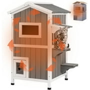 PETSCOSSET Insulated Cat House Outdoor Weatherproof All-Round Insulation Two Story Outside Wooden Feral Cat Shelter, Gray