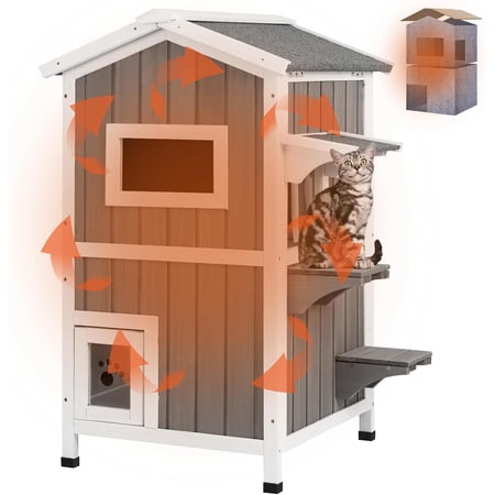 PETSCOSSET Insulated Outdoor Cat House Two Story - Weatherproof Elevated - Gray
