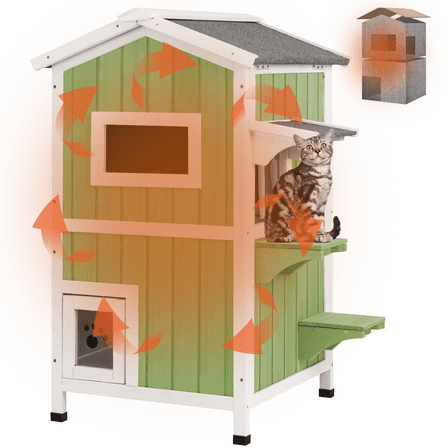 PETSCOSSET Insulated Cat House Outdoor Weatherproof All-Round Insulation Two Story Outside Wooden Feral Cat Shelter, Green