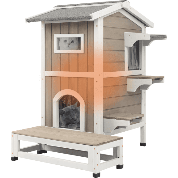PETSCOSSET Insulated Outdoor Cat House Two-Story Thermal Cat Shelter with Platform