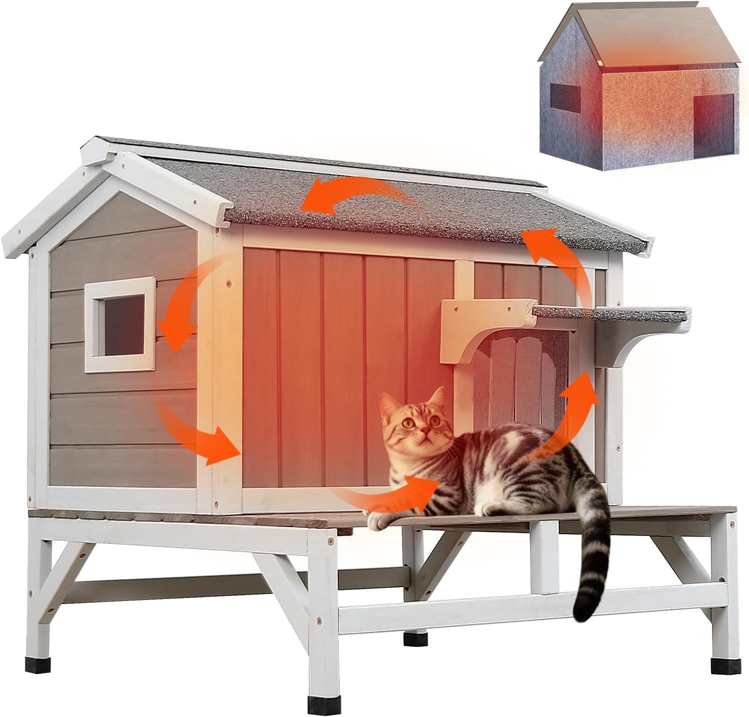 PETSCOSSET Cat House for Outdoor, Insulated Wooden Pet House with Raised Base & Openable Roof, Gray