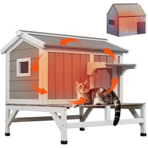 PETSCOSSET Cat House for Outdoor, Insulated Wooden Pet House with Raised Base & Openable Roof, Gray