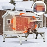 PETSCOSSET Insulated Outdoor Cat House Wooden Cat Shelter with Elevated Base for Winter