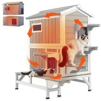 PETSCOSSET Insulated Outdoor Cat House Wooden Feral Cat Shelter with Balcony