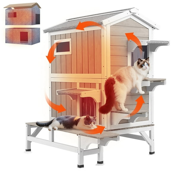 PETSCOSSET Insulated Outdoor Cat House Wooden Feral Cat Shelter with Balcony