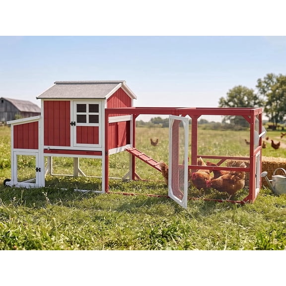 PETSCOSSET Large Chicken Coop with Wheels, Mobile Outdoor Hen House Chicken Tractor with 3 Nesting Box, Gray