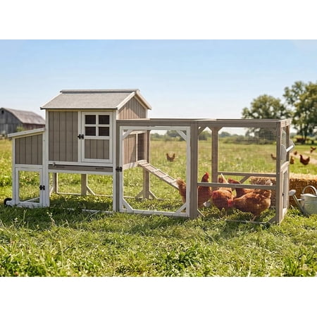 PETSCOSSET Large Chicken Coop with Wheels, Mobile Outdoor Hen House Chicken Tractor with 3 Nesting Box, Gray