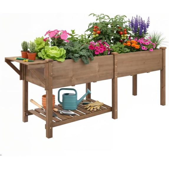 81" Large Raised Garden Bed with Legs, Elevated Planter Box with Liner, Side Table, Storage Shelf & Hanging Hooks for Vegetables & Herbs, Brown