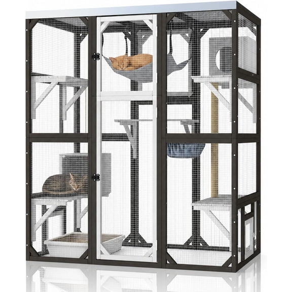 PETSCOSSET Large Walk-In Outdoor Catio Enclosure with Window Access, Weatherproof Cat Run with 7 Platforms, Scratching Post, Hammock & Hanging Basket for 2-4 Cats