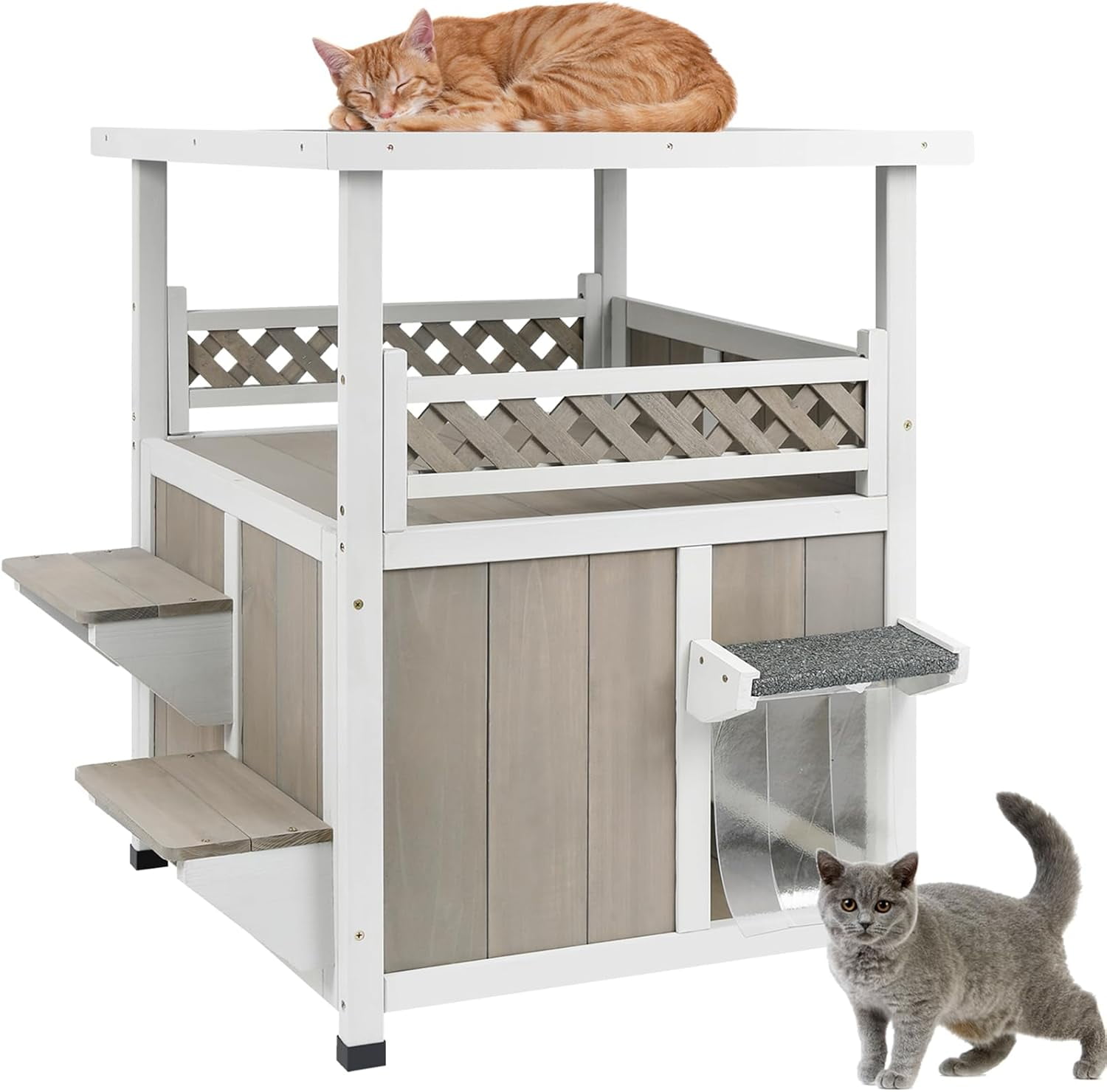 PETSCOSSET Outdoor Cat House 2 Story Wooden Houses for Outside Feral Cats